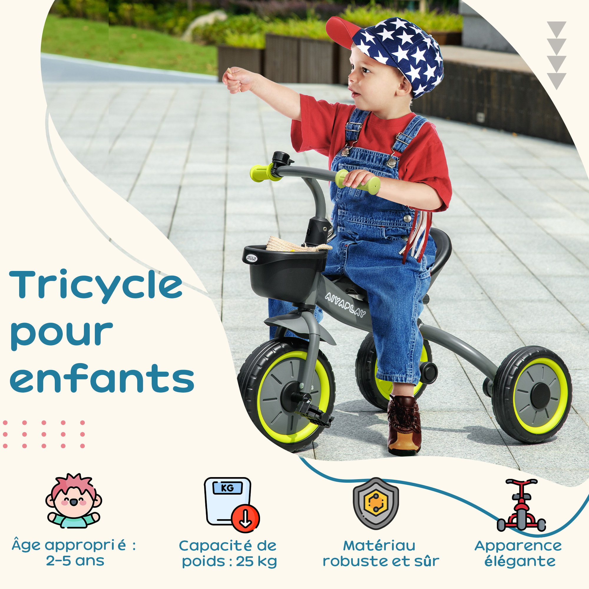 Tricycle enfant multi-équipé garde-boue sonnette panier pédales antidérapantes siège réglable avec dossier métal noir