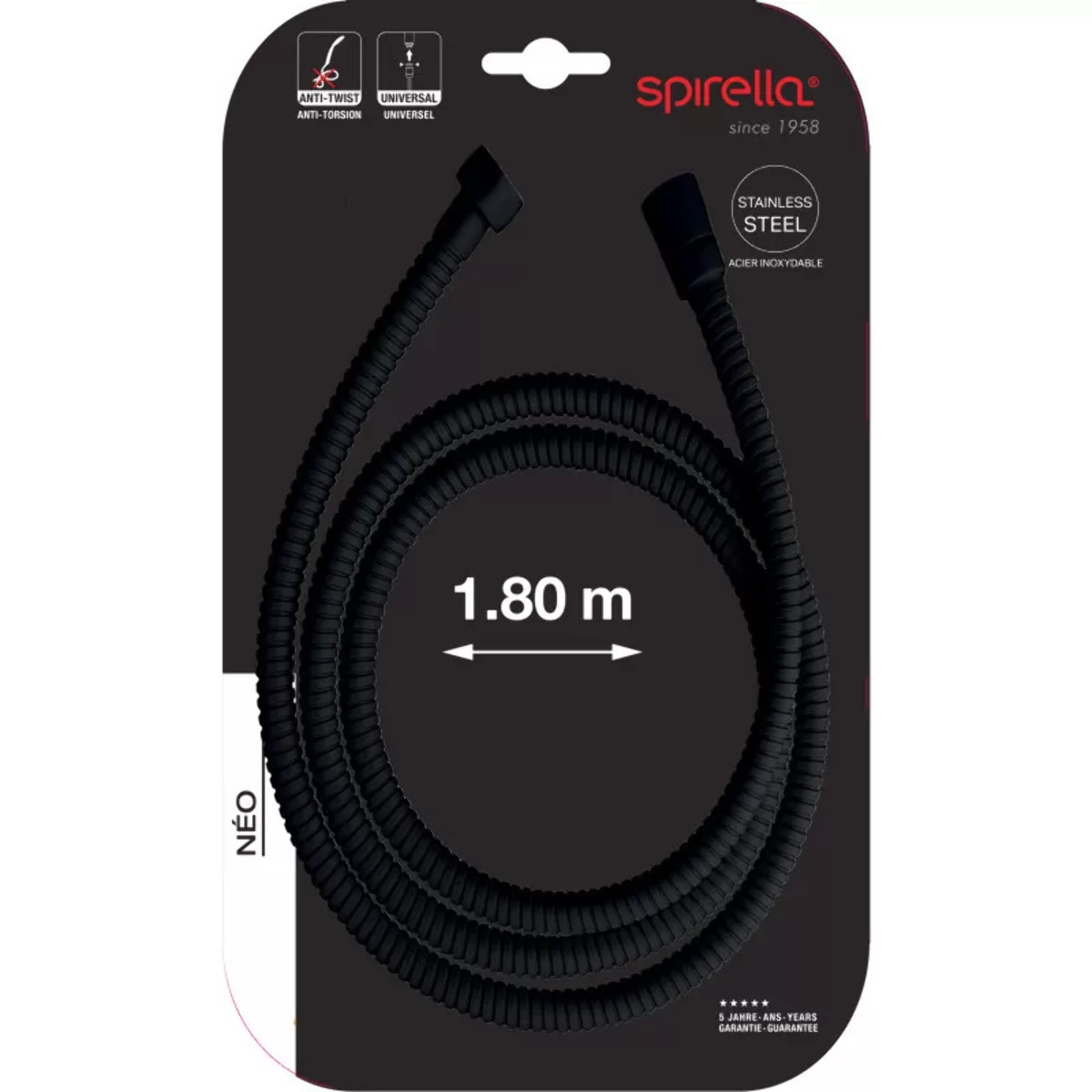 Flexible de douche inox NÉO 1,80 m – Anti-torsion – Connexion universelle F 1/2 – Certification ACS – Noir Ø 14 mm