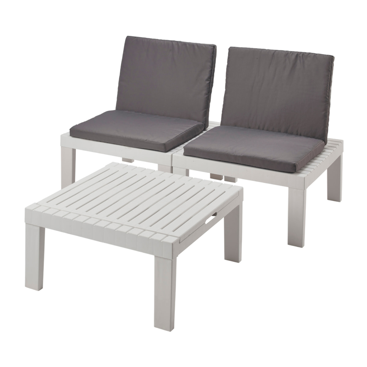 Set salotto da esterno Cervia, Set da giardino con 2 sedute con schienale ed 1 modulo multifunzione, Salottino con cuscini, 100% Made in Italy, Bianco