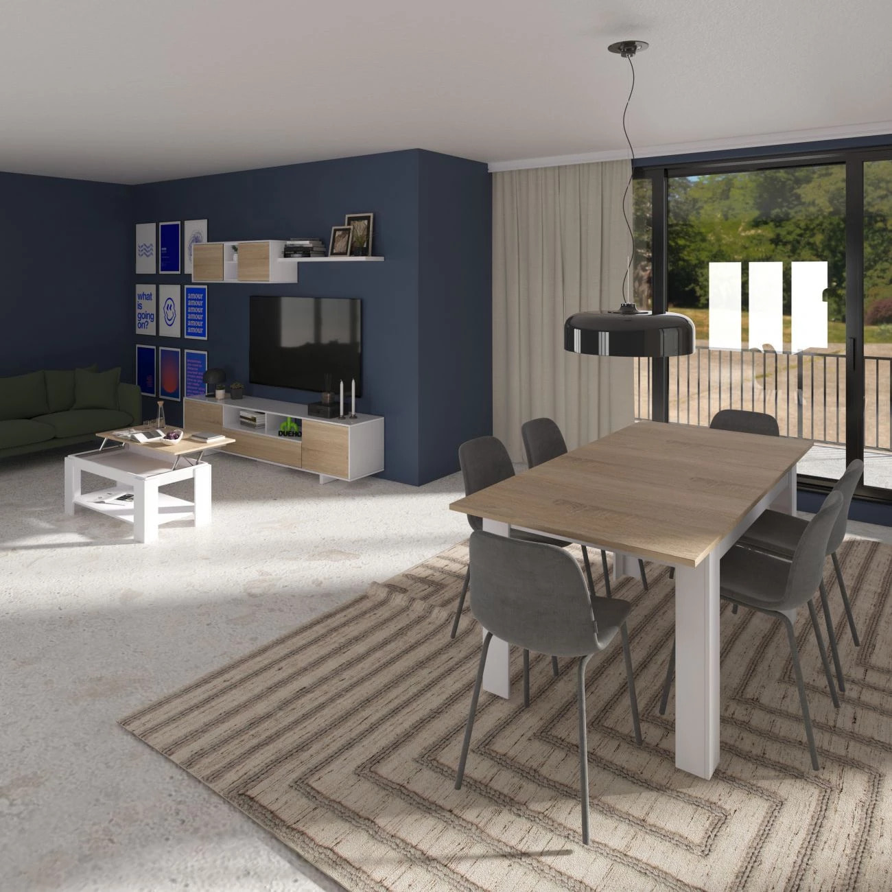 Pack salón con mesa de centro y mesa de comedor Kenzo Max V1A Blanco Artik (Blanco Mate) - Roble Canadian