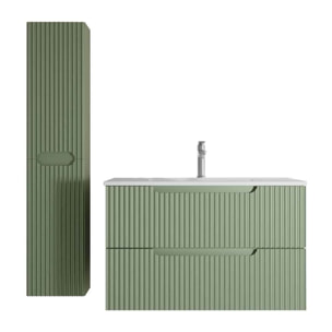 Meuble et colonne de Salle de Bains LEON 80cm Vert Olive - Façades Ondulées - Vasque Blanche Mate