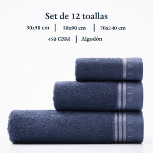 Juego de 4 sets de 3 toallas azul marino (4x tocador 30x50cm + 4x manos 50x90cm + 4x baño 70x140cm) 450gsm en algodón scalpers home