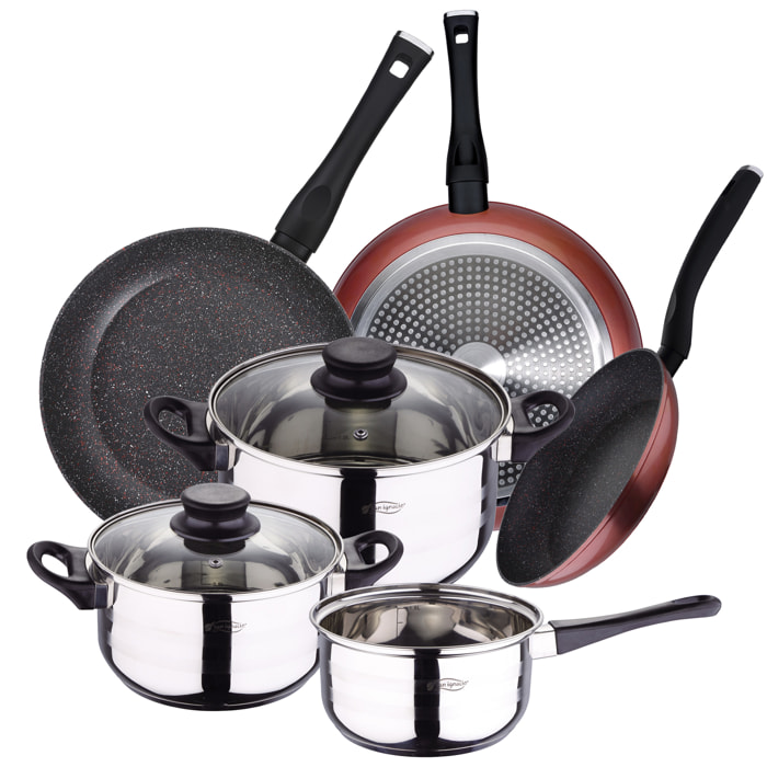 Batería de cocina 5 piezas acero inoxidable y set 3pcs sartenes 20/24/28cms