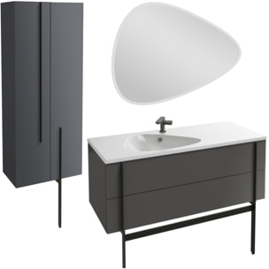 Meuble de salle de bain 120 cm Nouvelle Vague gris brillant + colonne 2 portes + miroir + pied