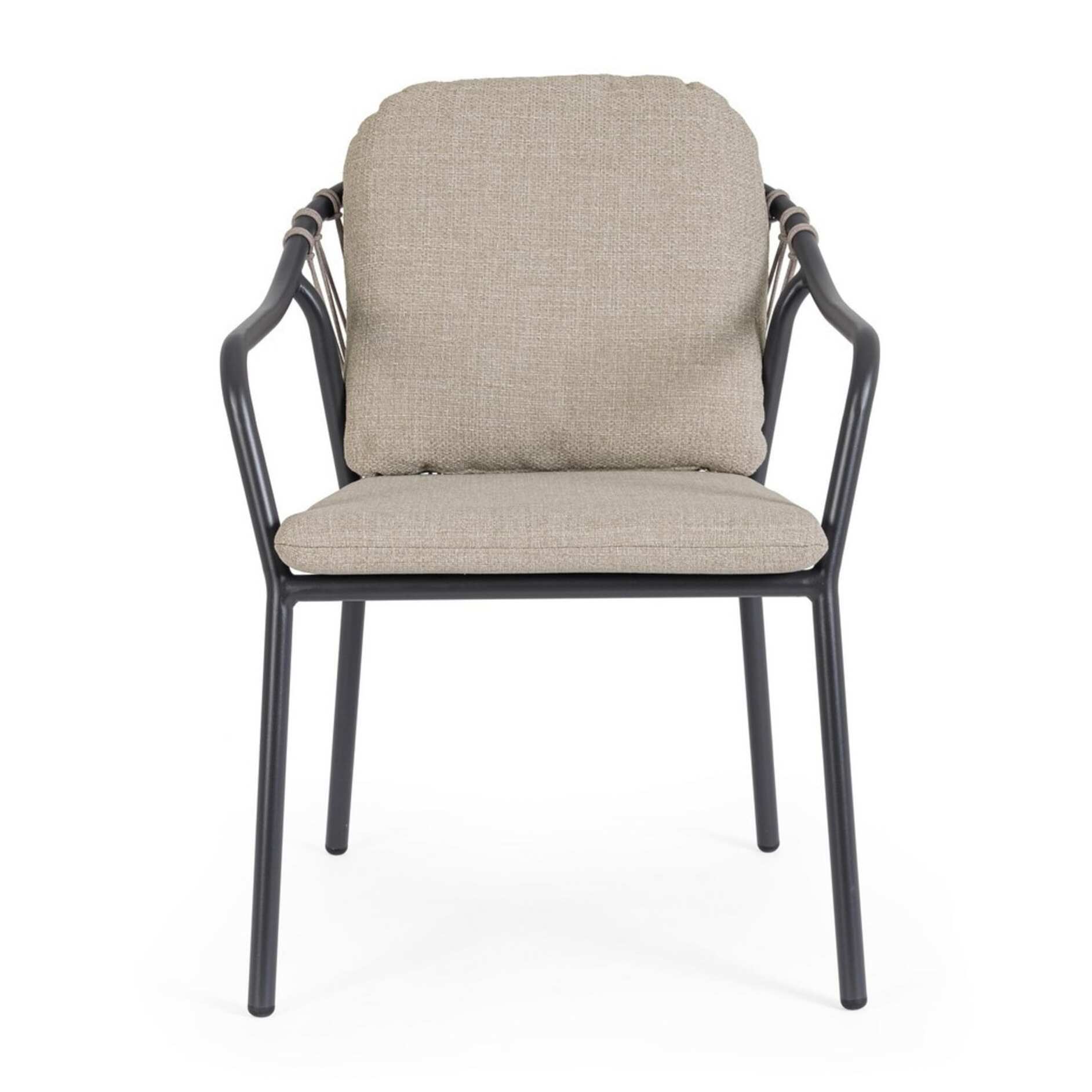 Set 4 sedie da giardino PAMPLONA con cuscini beige, schienale in corda e struttura antracite