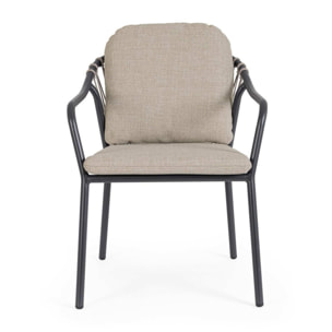 Set 4 sedie da giardino PAMPLONA con cuscini beige, schienale in corda e struttura antracite