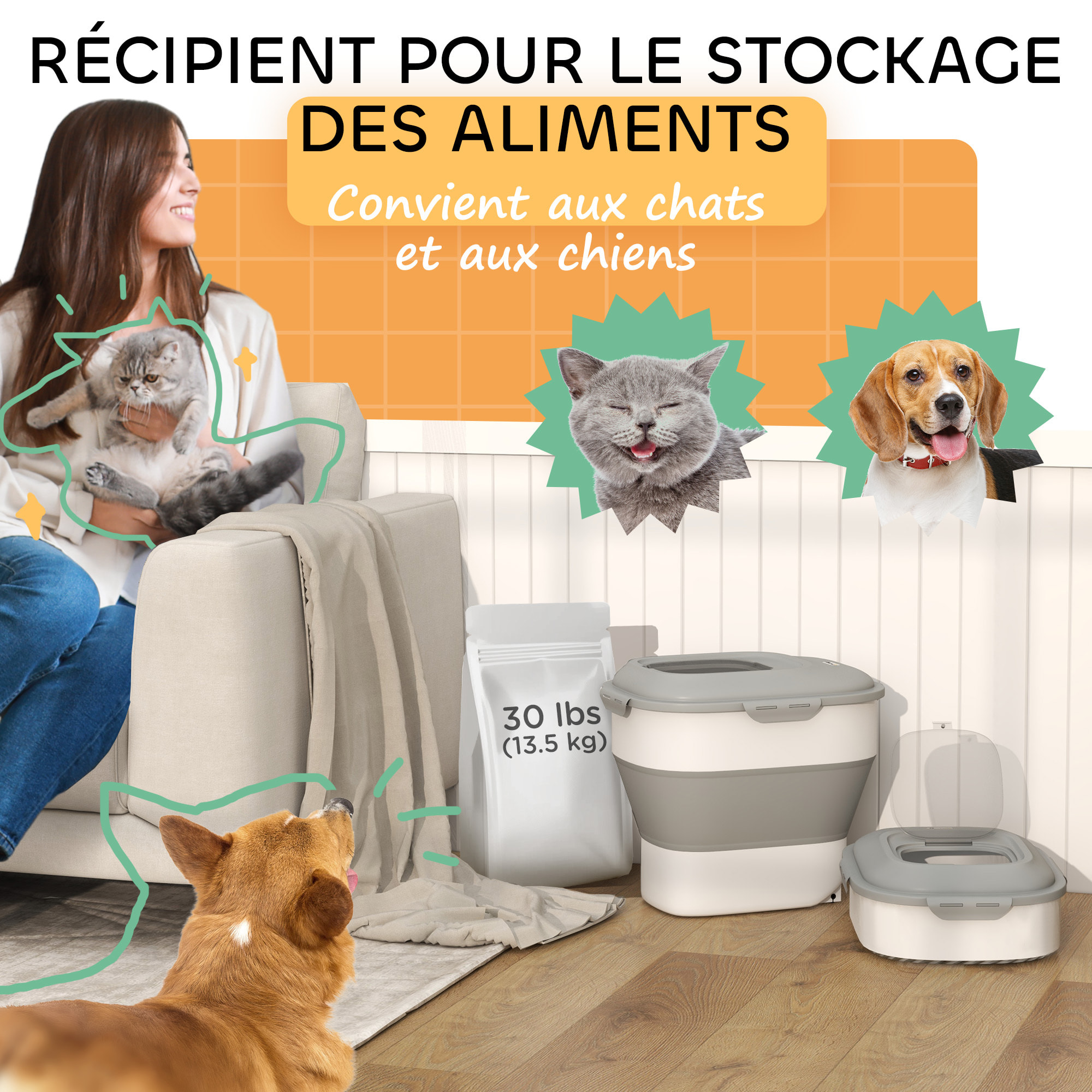 Conteneur à croquettes pour chiens et chats pliable 25L - roulettes, tasse, bol, cuillère - gris