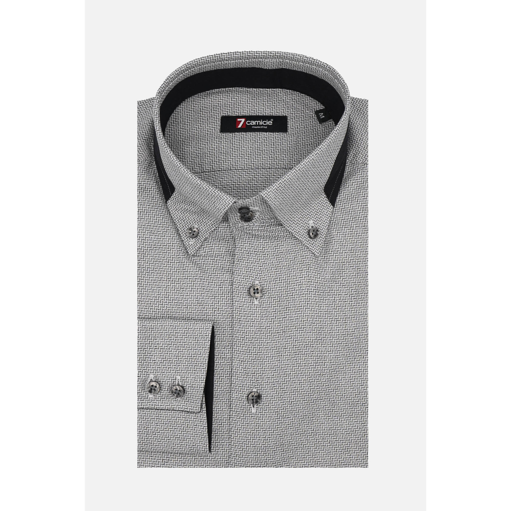 Camicia Uomo 2bottoni Button Down Doppio Collo Slim Jacquard Fantasia Grigio Scuro/Bianco