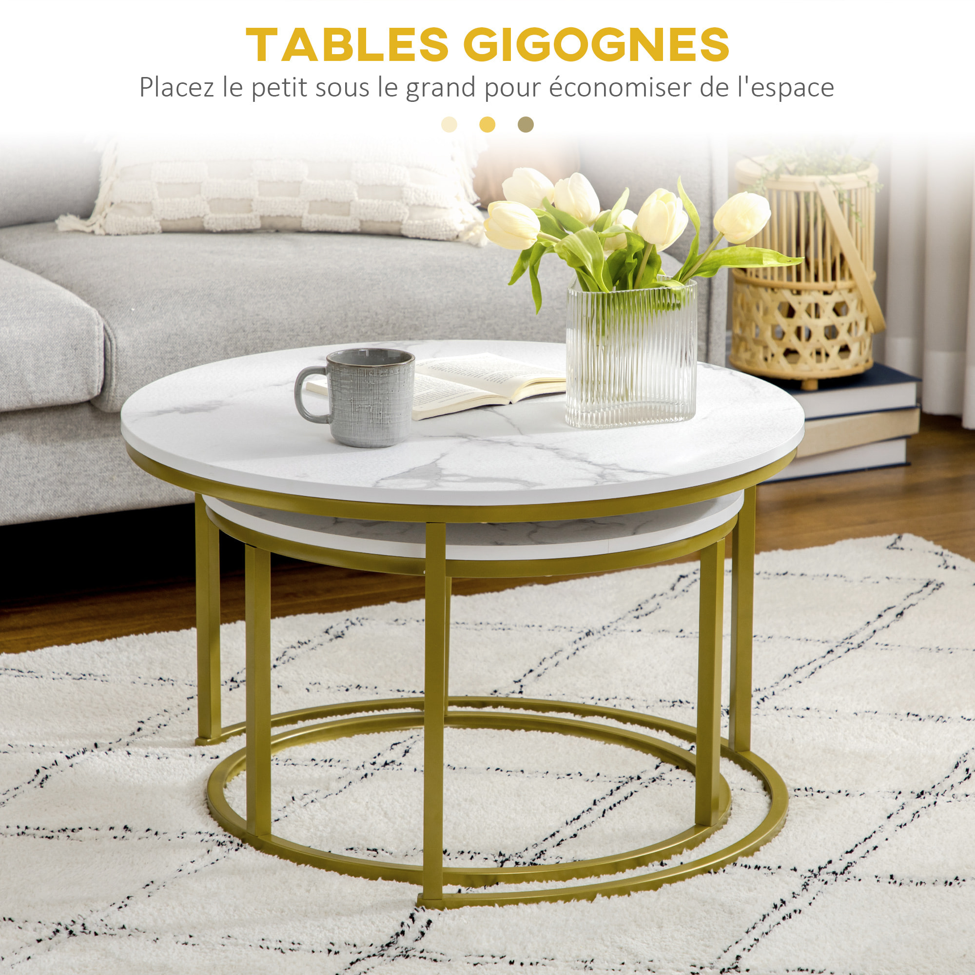 Lot de 2 tables basses gigognes rondes style art déco - acier doré panneaux aspect marbre blanc