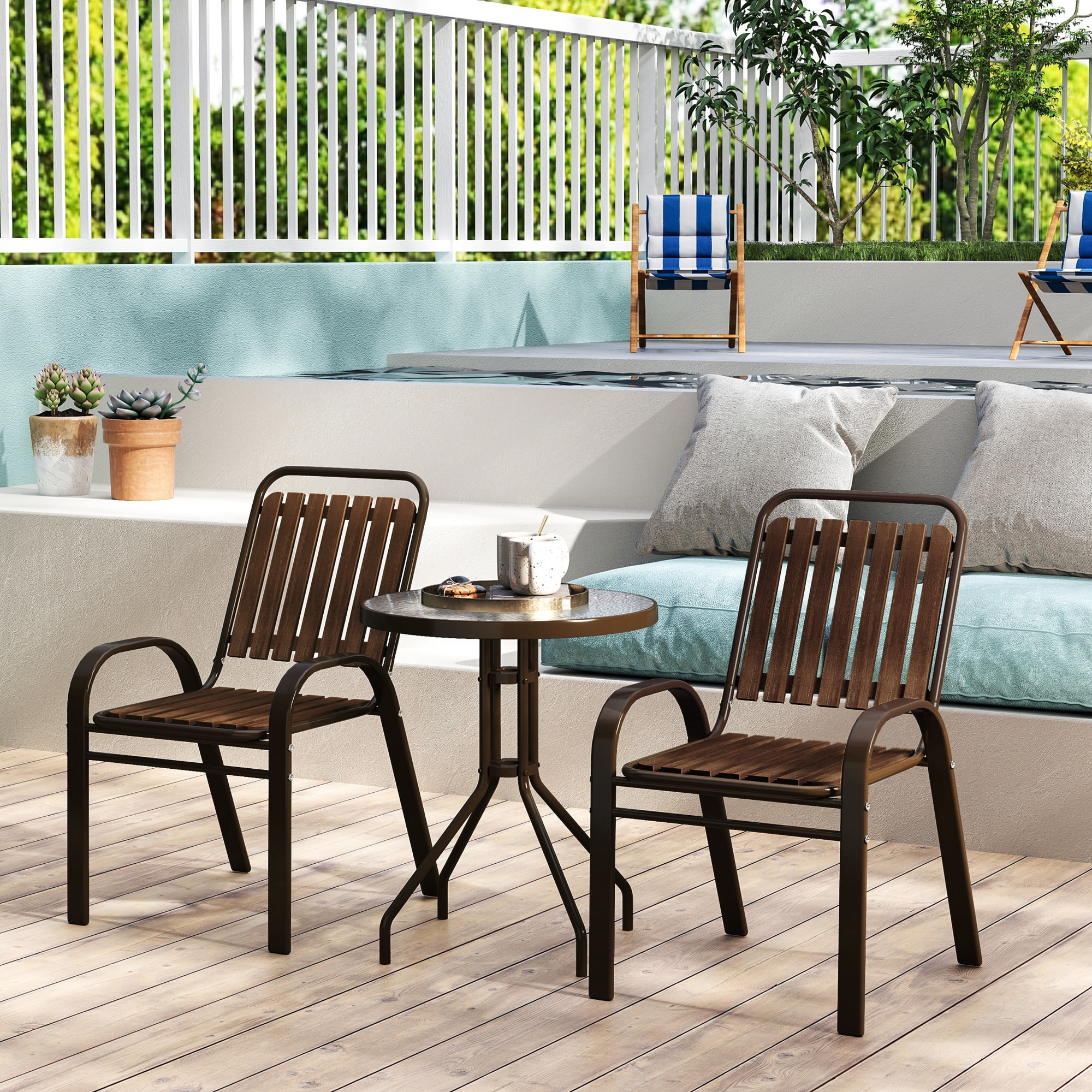 Conjunto Jardín Exterior de 3 Piezas Juego de Muebles de Jardín con 2 Sillas Apilables Mesa con Encimera de Vidrio Templado y Estructura de Acero para Terraza Patio Balcón Marrón Oscuro