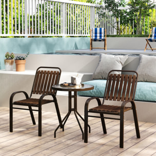 Conjunto Jardín Exterior de 3 Piezas Juego de Muebles de Jardín con 2 Sillas Apilables Mesa con Encimera de Vidrio Templado y Estructura de Acero para Terraza Patio Balcón Marrón Oscuro