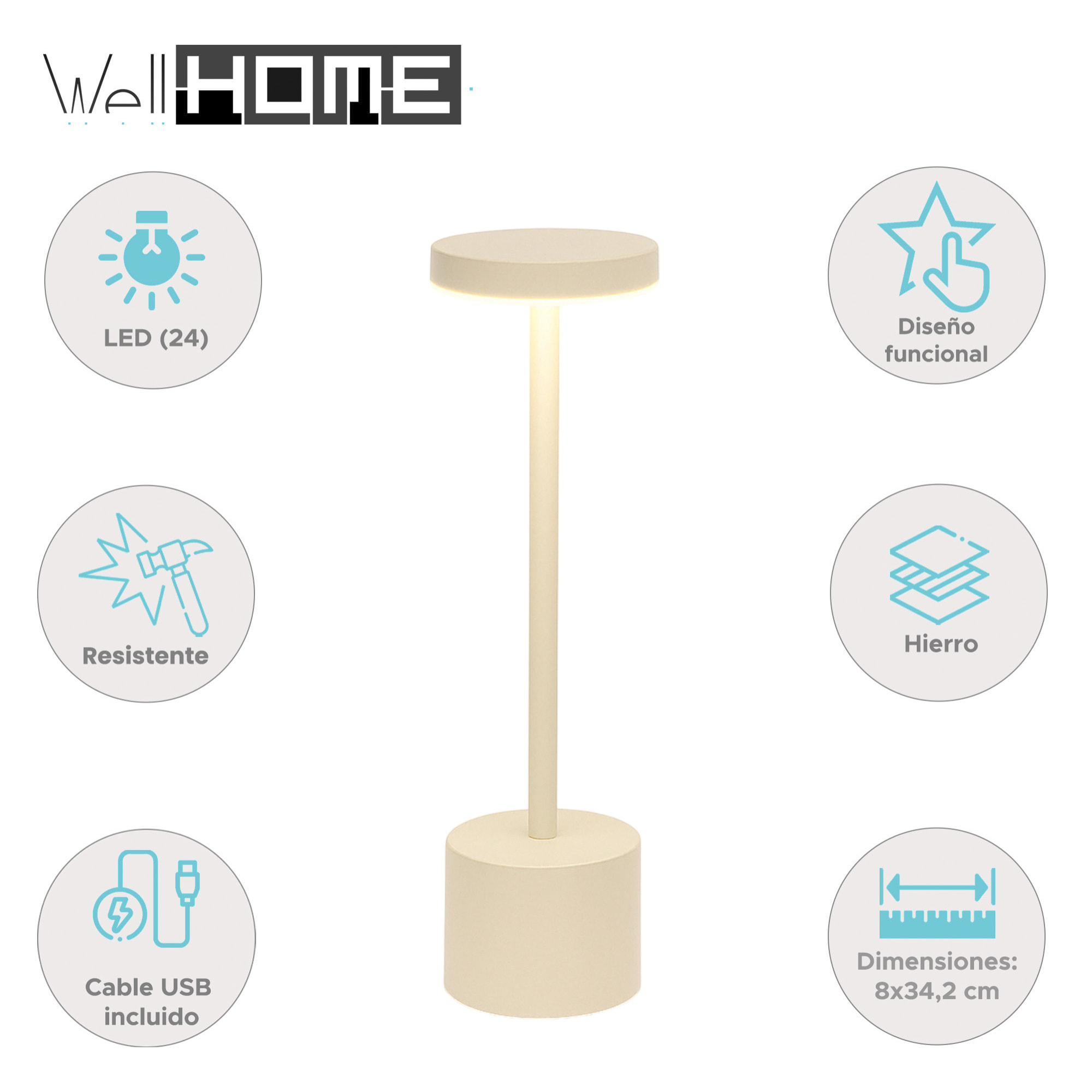 Well Home Lámpara de Mesa color Crema con 24 luces LED blanco cálido con 3 modos de iluminación Ø8x34,2cm