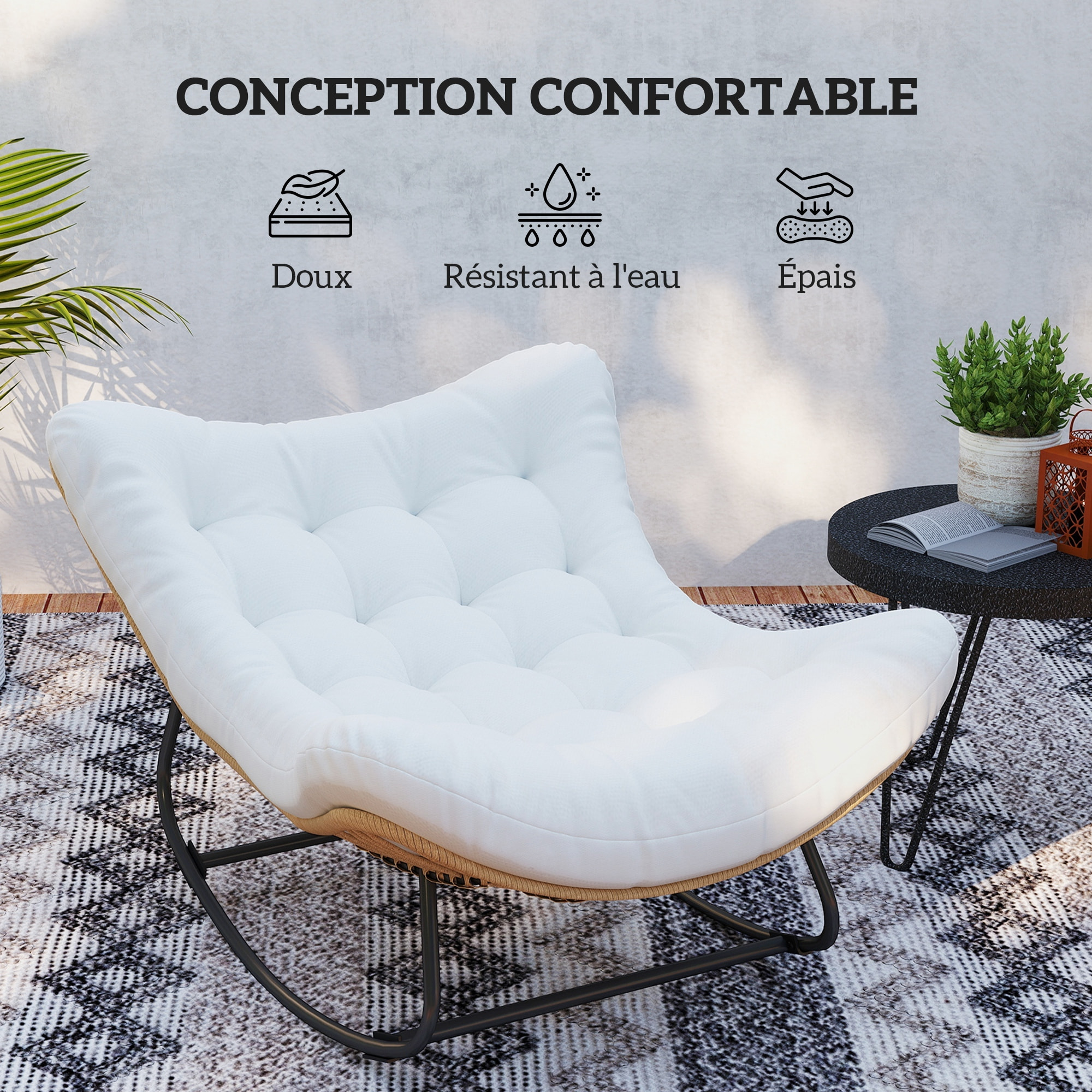 Fauteuil de jardin à bascule - fauteuil à oreilles - chaise à bascule - épais coussin capitonné crème