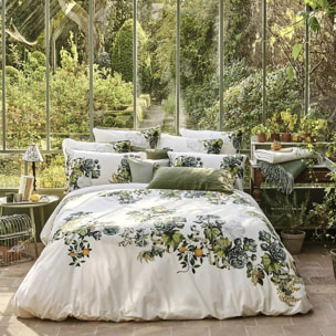Housse de couette percale de coton lavé imprimé vert ecru Giardino naturel