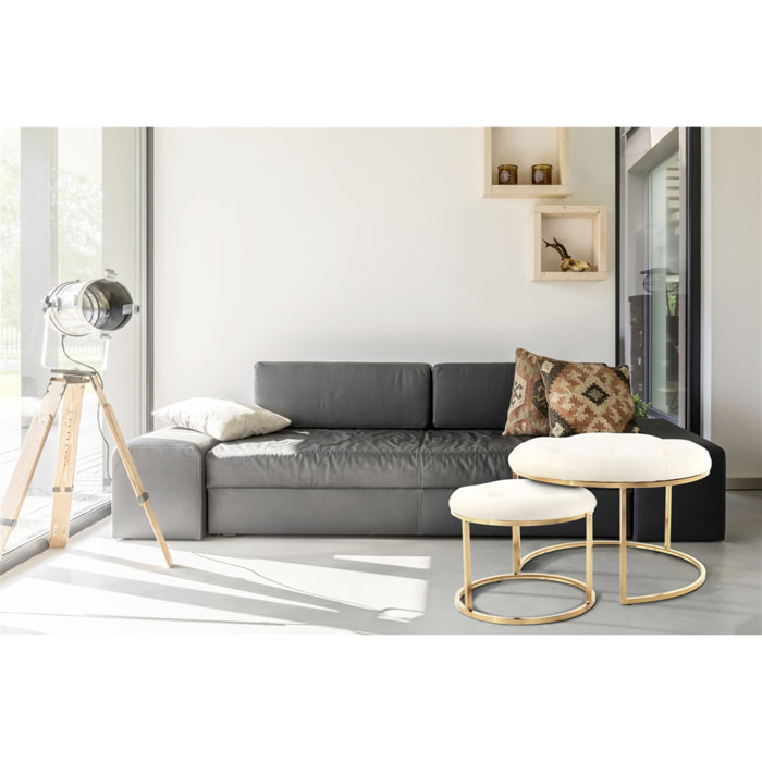 Set di 2 pouf Becky in velluto avorio e metallo dorato