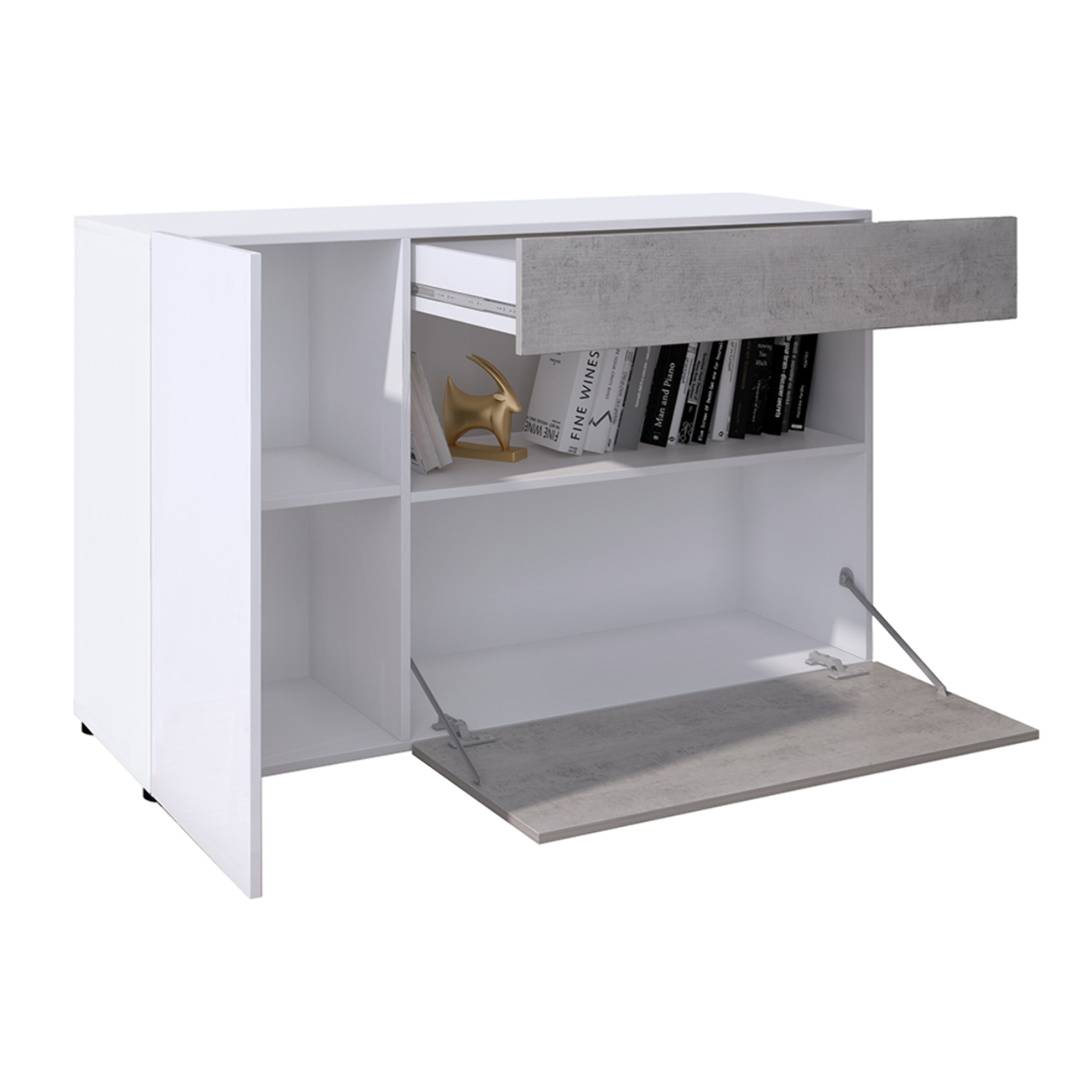 Credenza Moderna Madia Mobile Contenitore Con 2 Ante 1 Cassetto Ripiani Interni Design Minimal Soggiorno Salotto 130x81x41 Cm Bianco Grigio Cemento