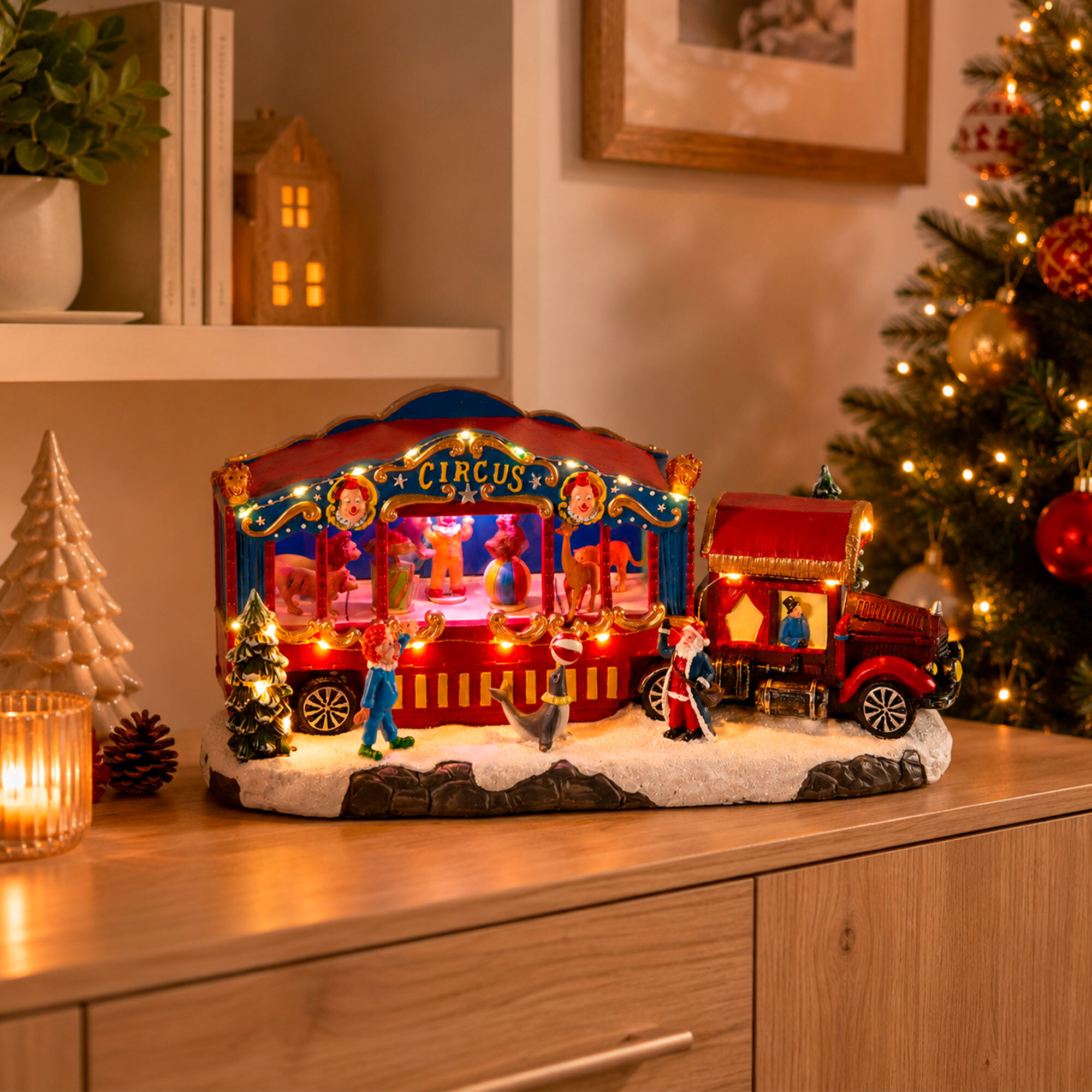 Camión circo navideño con luces led, movimiento y música, usb o pilas 39x15,5x18,5 cm