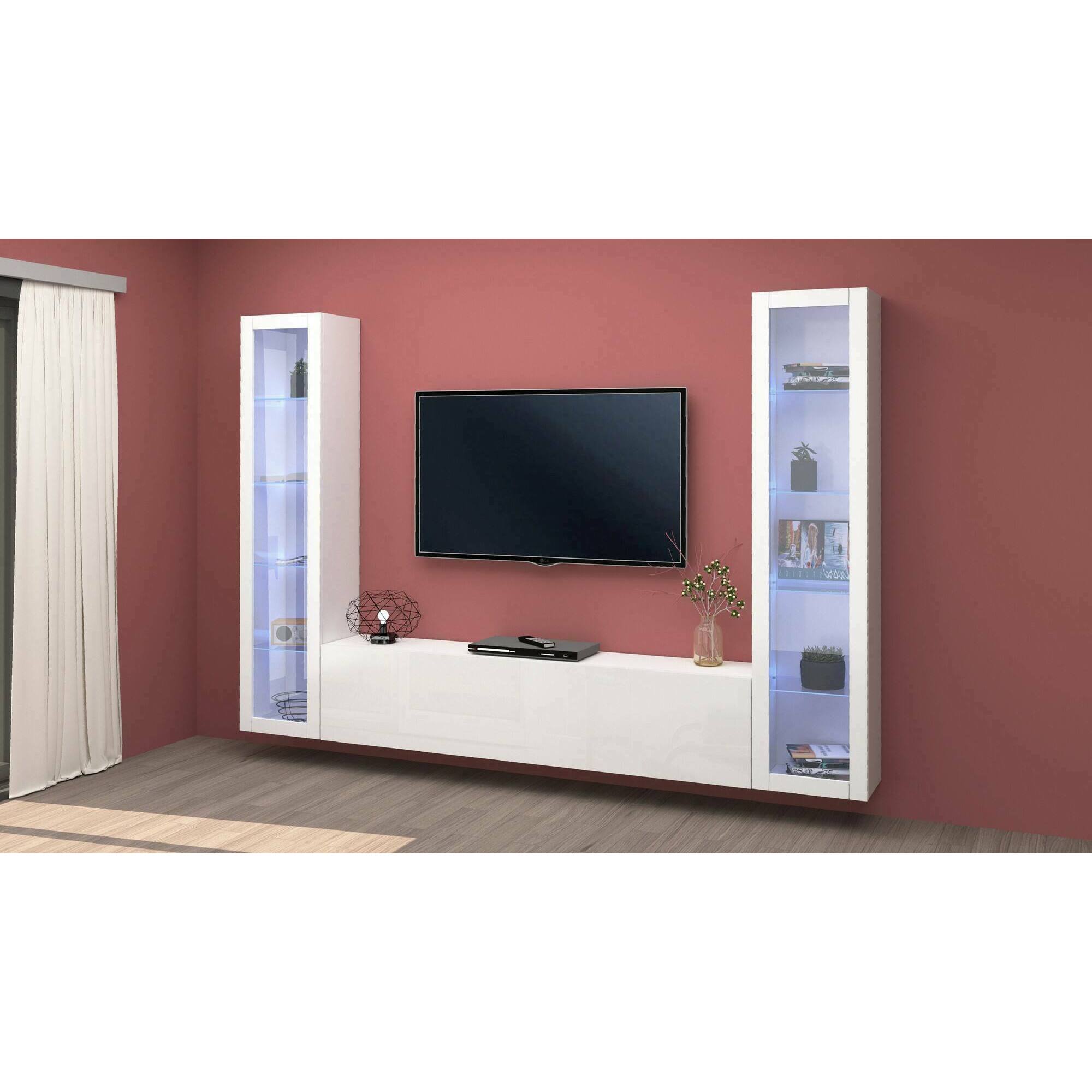 Parete attrezzata Gino, Set salotto porta TV a 3 ante, Mobile soggiorno multiuso con vetrina e luce LED, 100% Made in Italy, cm 260x30h180, Bianco lucido