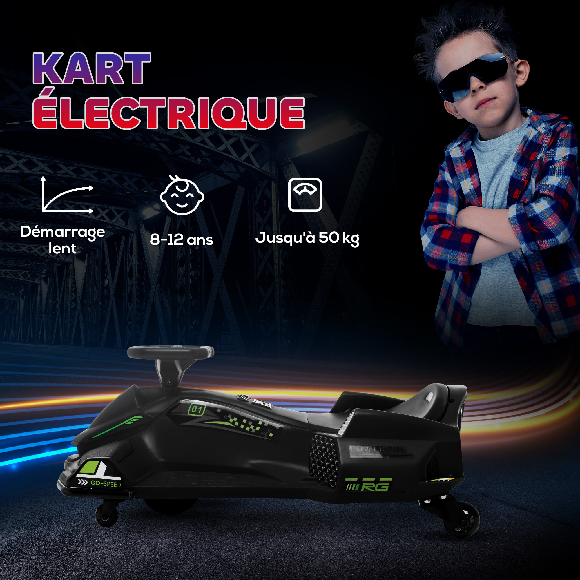 Crazy Cart enfant - Kart électrique enfant 12V 8Km/h max. - Kart Drifting - nombreux effets - noir