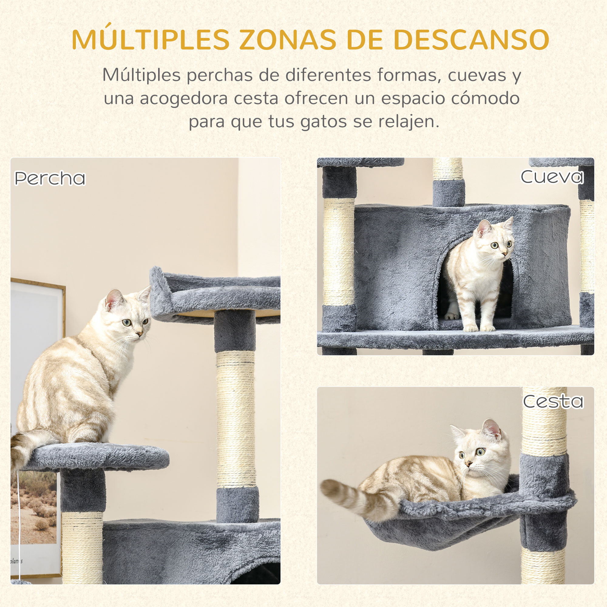 árbol Rascador para Gatos Grande 60x60x200 cm con 2 Cuevas Múltiples Plataformas