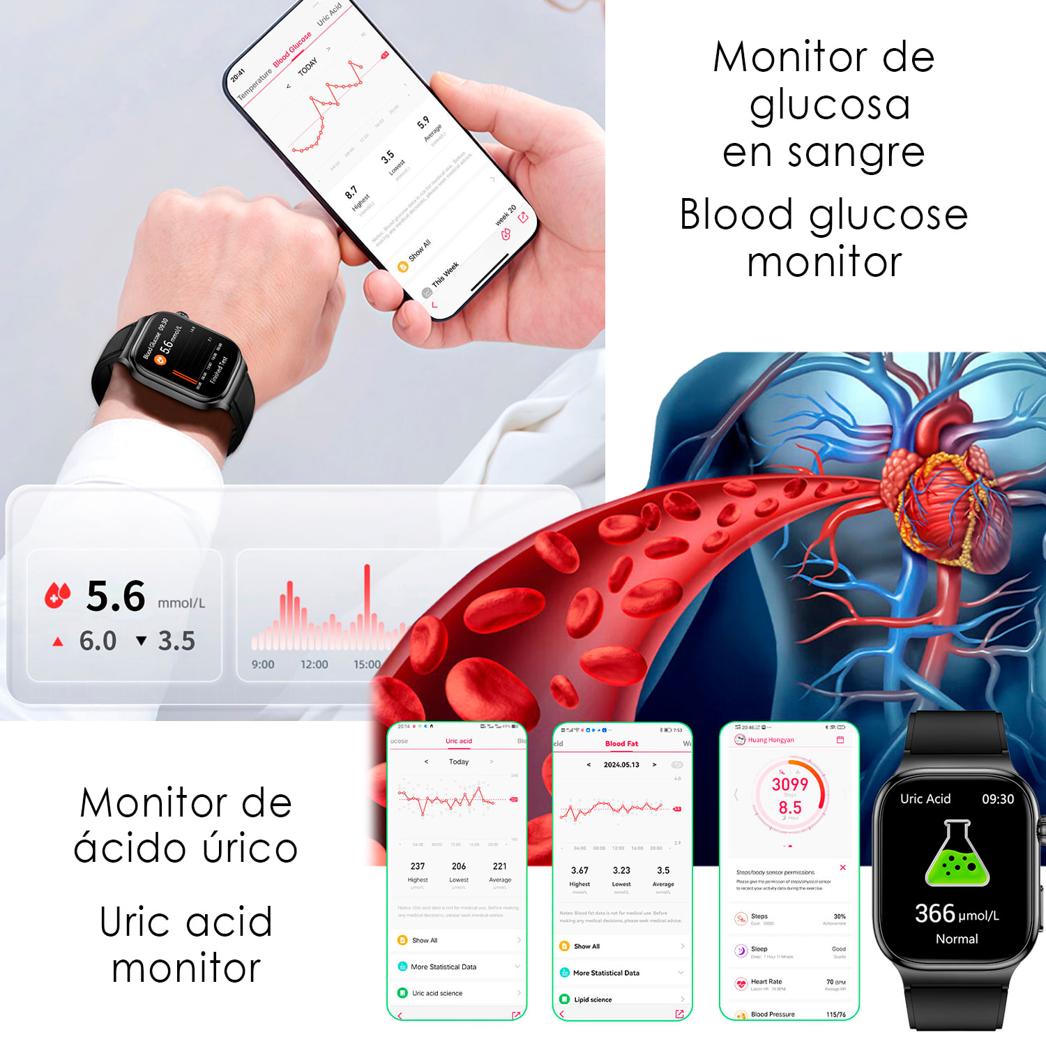 Smartwatch TK18. Llamadas Bluetooth con funciones avanzadas de salud: medición de glucosa, lípidos y ácido úrico, temperatura corporal, ECG, EDA, micro examen físico y composición corporal.