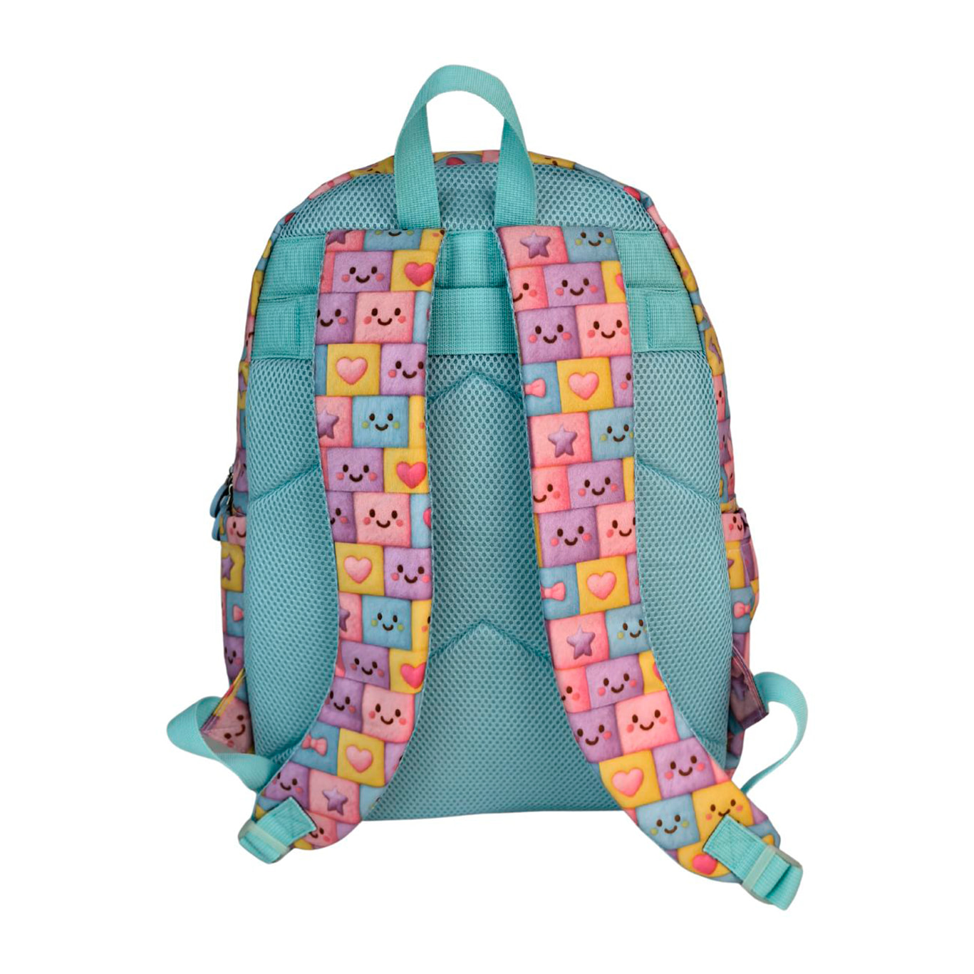 Zaino Americano Blin Blin Faces. Comparto per laptop. Schienale e spallacci regolabili e imbottiti. Con accessorio pom pom.