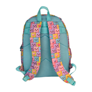 Zaino Americano Blin Blin Faces. Comparto per laptop. Schienale e spallacci regolabili e imbottiti. Con accessorio pom pom.