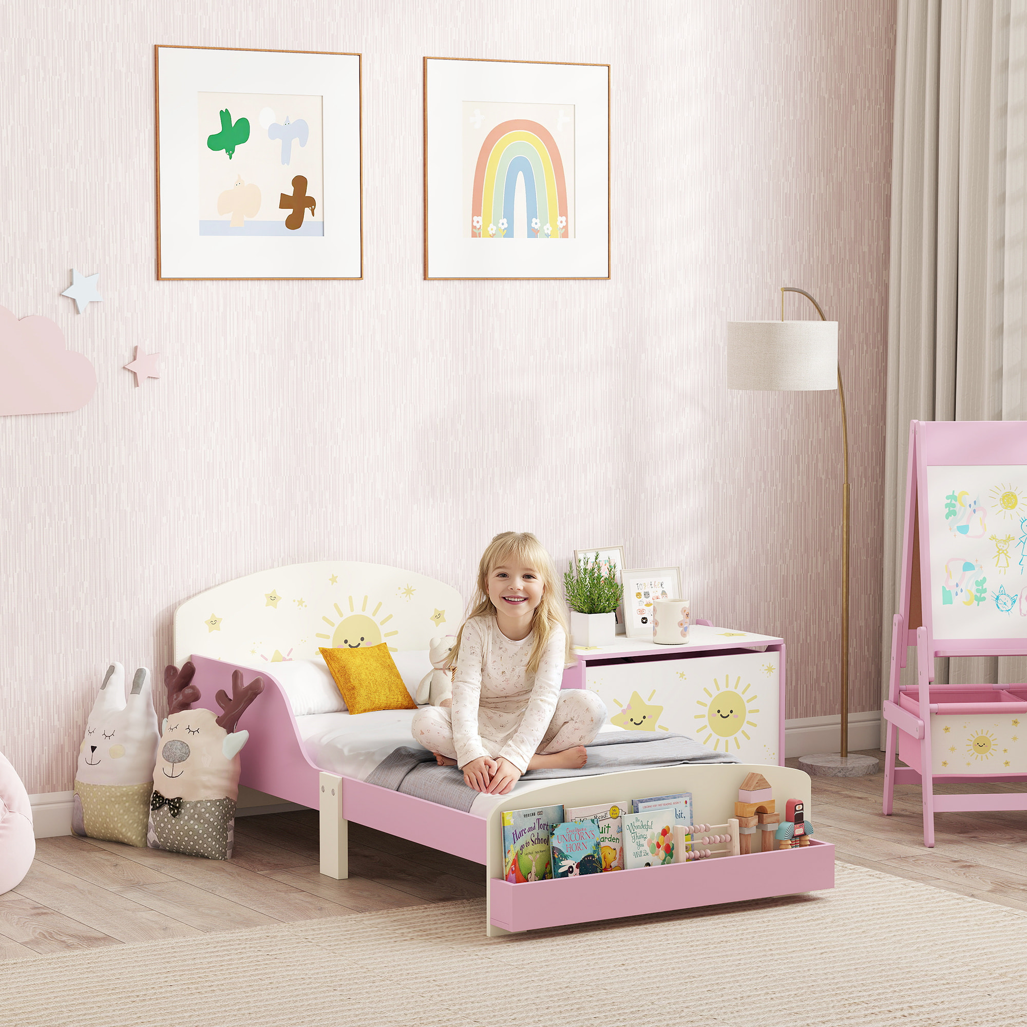 Cama infantil 70x140 cm de Madera con Almacenaje Cama para Niños de +3 Años con Protección Anticaída Cabecero en Dibujos de Estrellas Carga 40 kg para Dormitorio Rosa