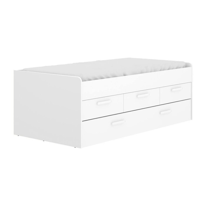 Letto per bambini Alben, Struttura con secondo lettino estraibile, Letto singolo per cameretta con 3 cassettoni, 194x95h68 cm, Bianco