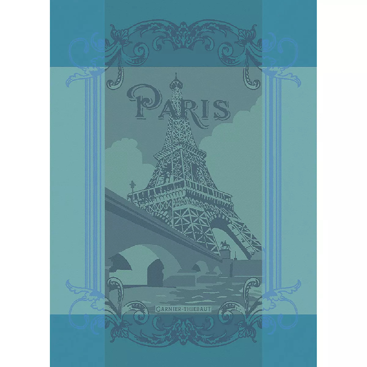 Torchon pur coton motif jacquard bleu Paris seine turquoise