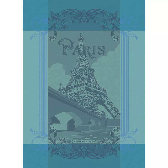 Torchon pur coton motif jacquard bleu Paris seine turquoise