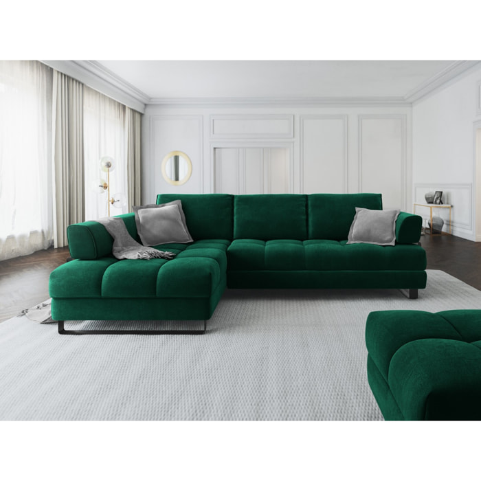 Canapé d'angle gauche convertible avec coffre de rangement "Clinton" 5 places en velours vert bouteille