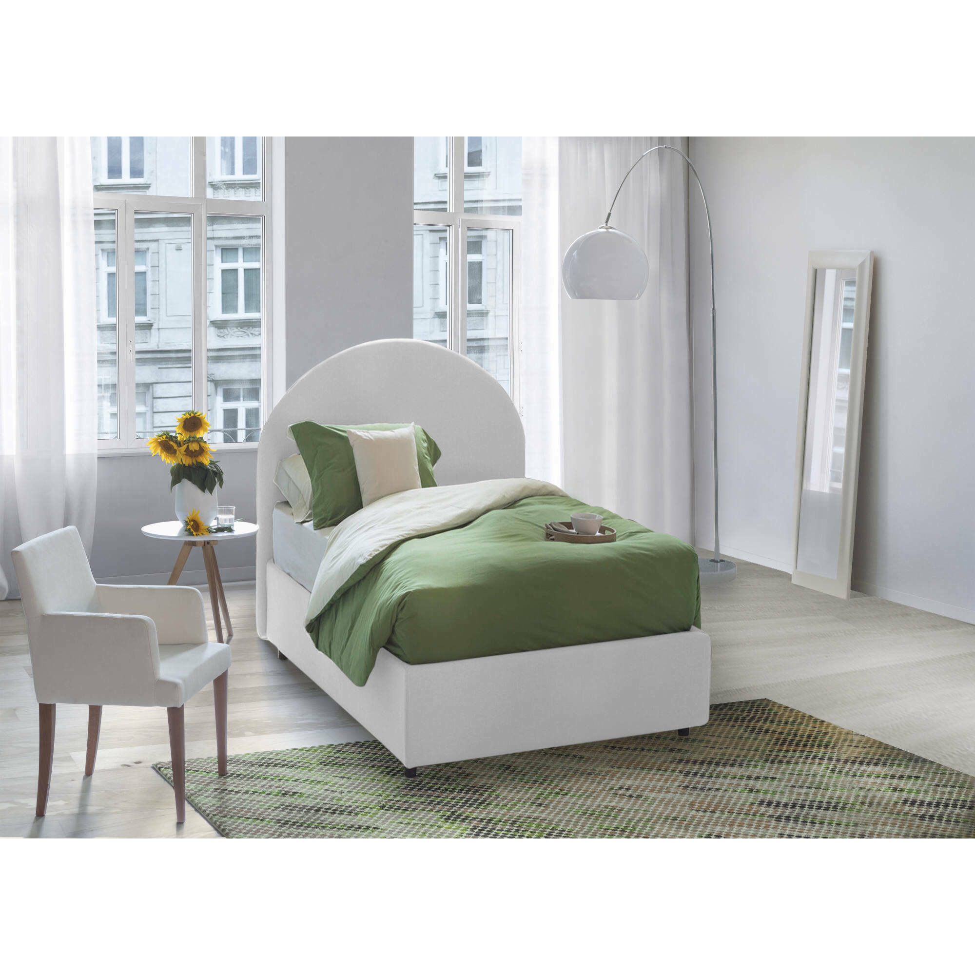 Letto singolo Emma, Letto contenitore con rivestimento in tessuto, 100% Made in Italy, Apertura frontale, con materasso Cm 80x190 incluso, Bianco