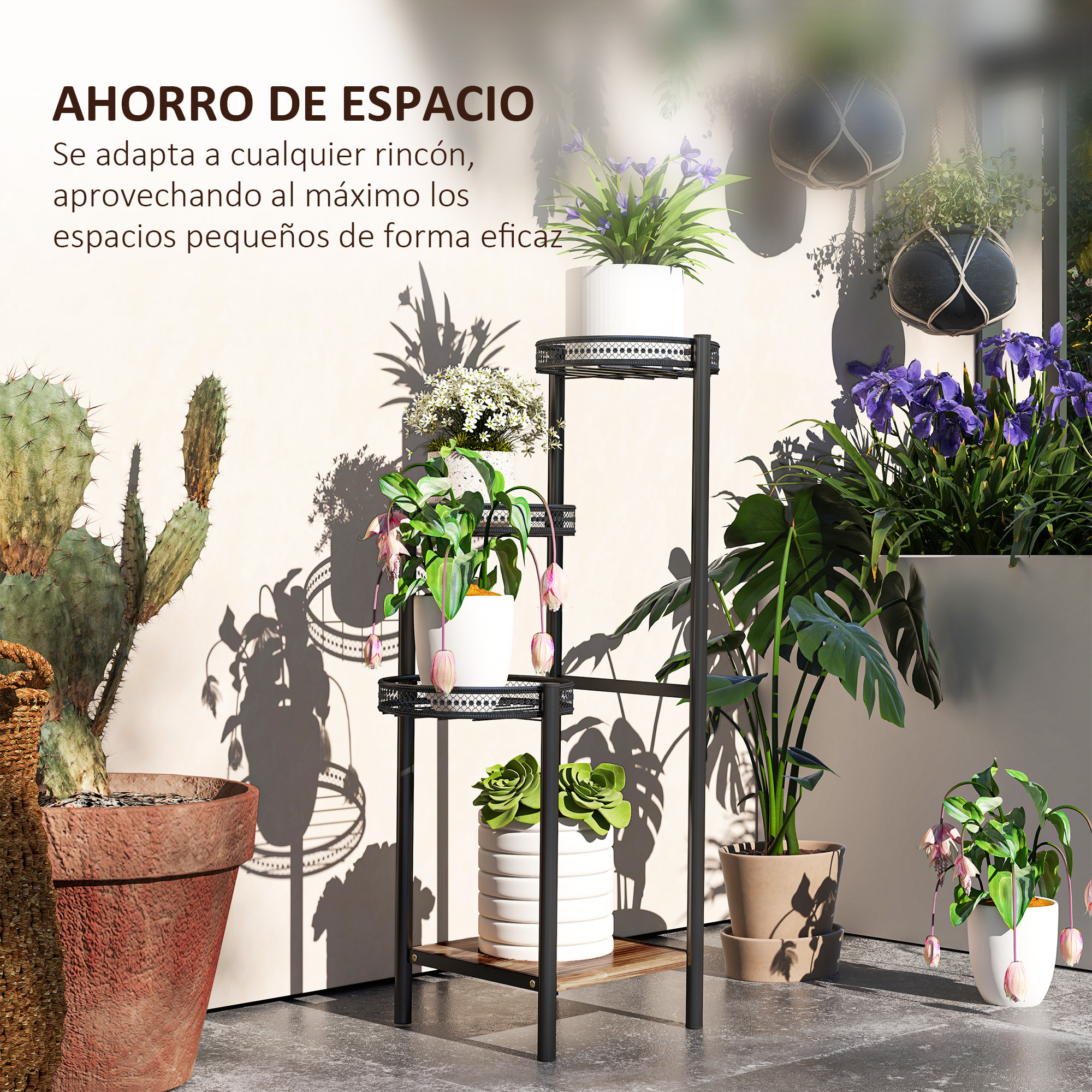 Soporte para Plantas de 4 Niveles Estantería para Plantas para Esquina Soporte de Acero Soporte para Macetas Interior y Exterior 25x25x80 cm Negro