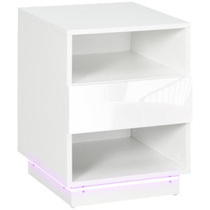 Mesita de Noche Moderna con Luz LED Mesilla de Noche con Mando a Distancia Cajón de Alto Brillo y 2 Estantes para Salón Dormitorio 40x40x55 cm Blanco