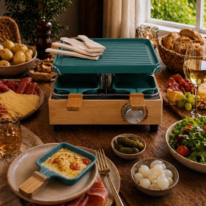 Appareil à raclette 4 personnes en aluminium bleu canard et bambou