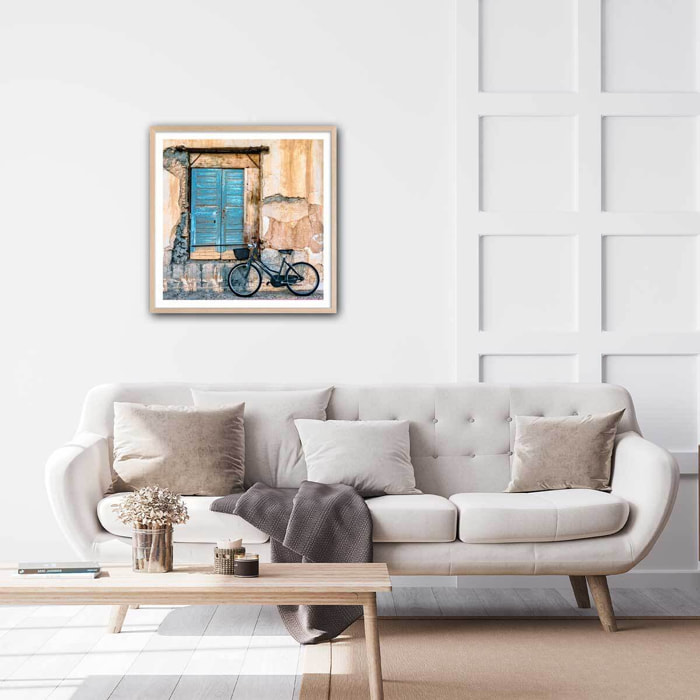 Poster bicyclette bleue Affiche + cadre en bois - Chêne