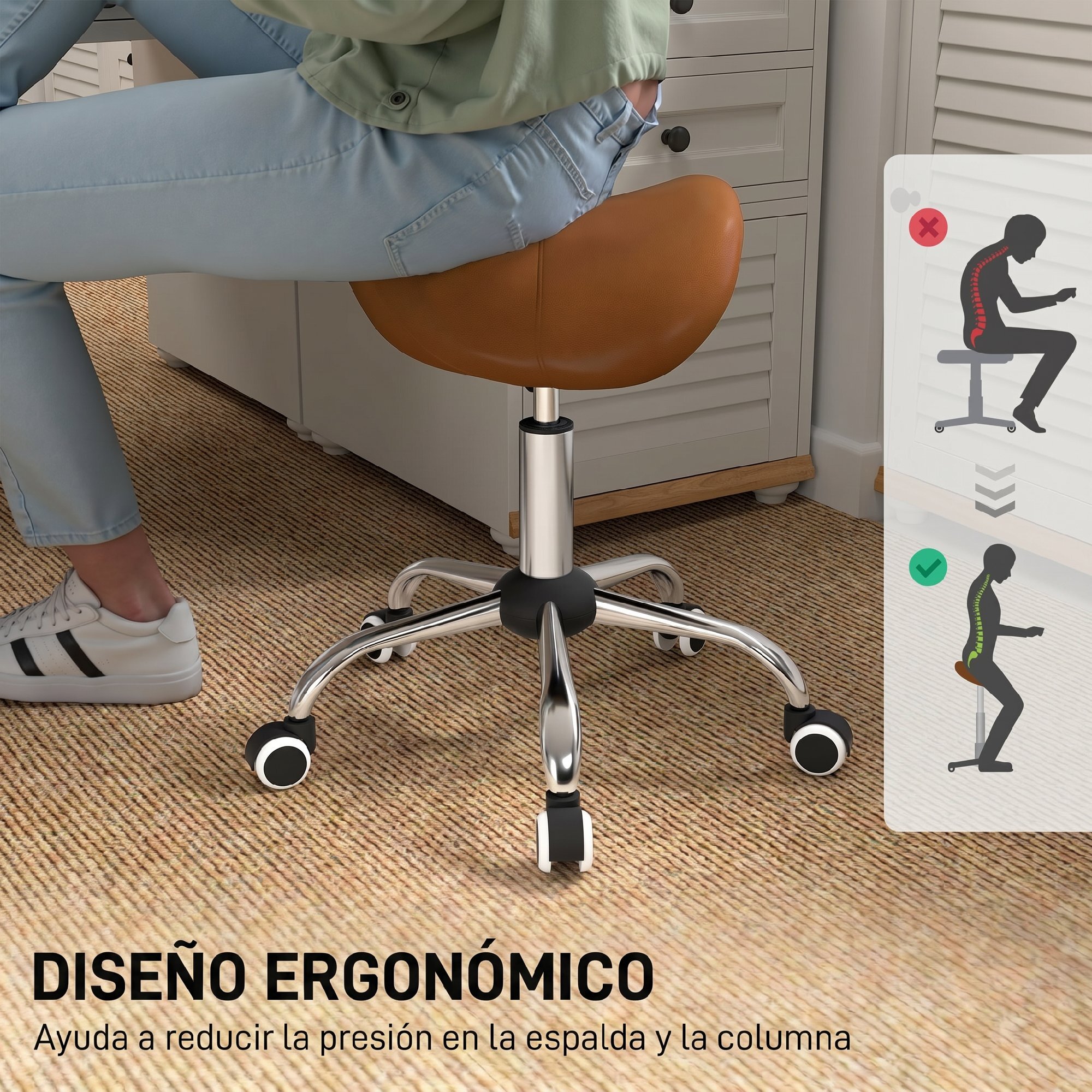 Taburete con Ruedas Taburete Giratorio Cosmético con Altura Ajustable Asiento Acolchado y Amplio Dentista Peluquería Carga 120 kg 52x53x49-61 cm Marrón
