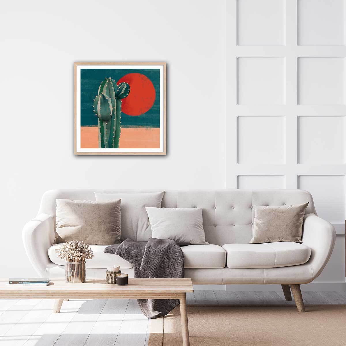 Affiche illustration cactus et soleil rouge Affiche + cadre en bois - Chêne