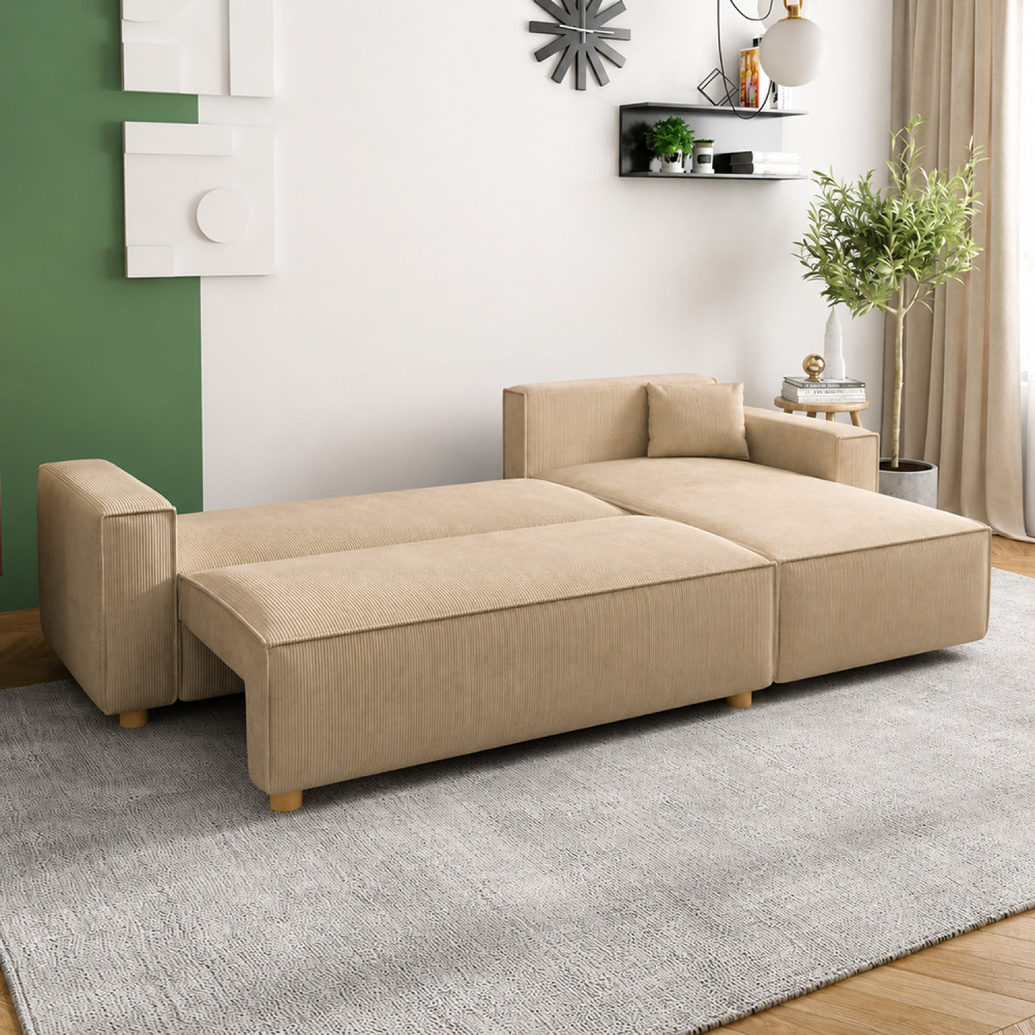 Canapé convertible d'angle réversible 4 places velours côtelé beige OGGIE