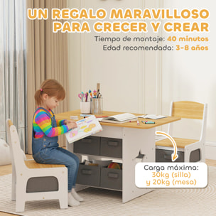 Mesa Infantil con 2 Sillas, Mesa y Sillas Infantil con 6 Cajones de Tela, Diseño Estrellas, para Niños y Niñas de 3-8 Años, para Hogar, Guardería, Aulas, Natural
