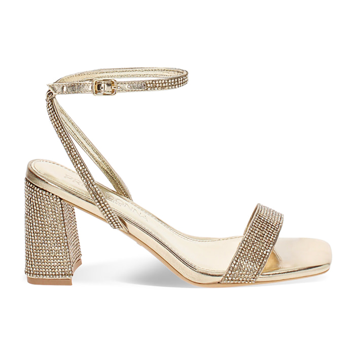 Sandalo donna oro luminoso, tacco gioiello 7,5 cm