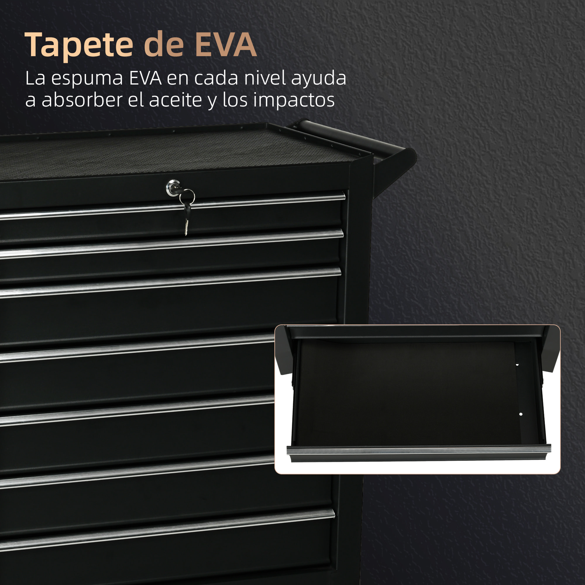 Carro de Herramientas con 7 Cajones, Carro de Taller con Cerradura, Asa, 2 Ruedas con Freno de Bloqueo, para Garaje, Hogar, Negro