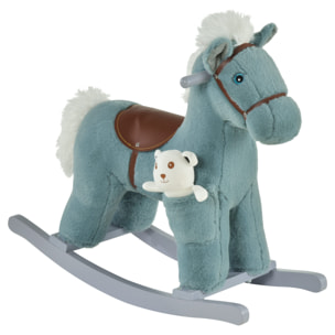 Caballito Balancín para Niños 18-36 Meses Caballo Mecedora Felpa con Osito de Peluche Sonidos de Relincho y Galope Base de Madera 65x26x55 cm Azul