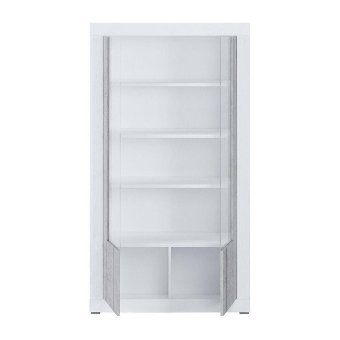 Libreria a due ante con vetro e ripiani interni sviluppata in altezza, cm 105 x 42 x h191, colore Bianco e cemento