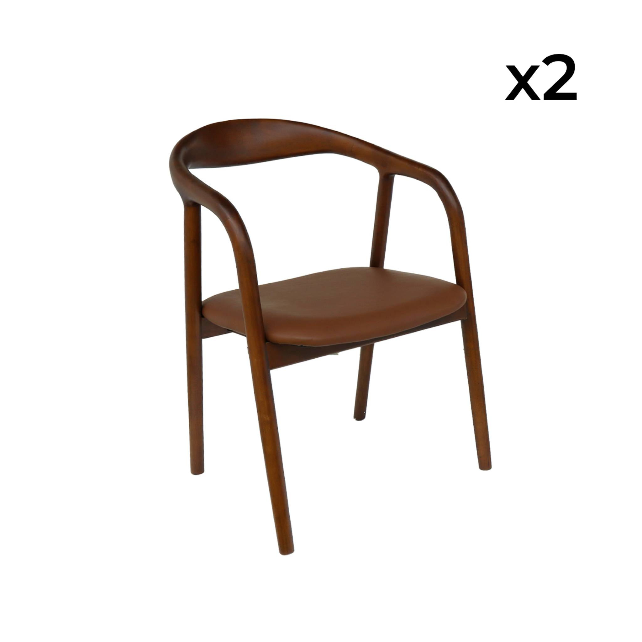 Lot de 2 fauteuils structure bois d'hévéa. assise simili cuir. teinte noyer vintage. L 55 x P 57 x H 79cm.