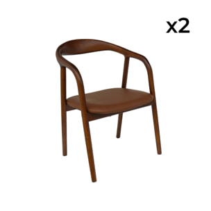 Lot de 2 fauteuils structure bois d'hévéa. assise simili cuir. teinte noyer vintage. L 55 x P 57 x H 79cm.