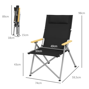 Chaise de camping pliable portable inclinable pochette rangement tétière alu accoudoirs bois noir