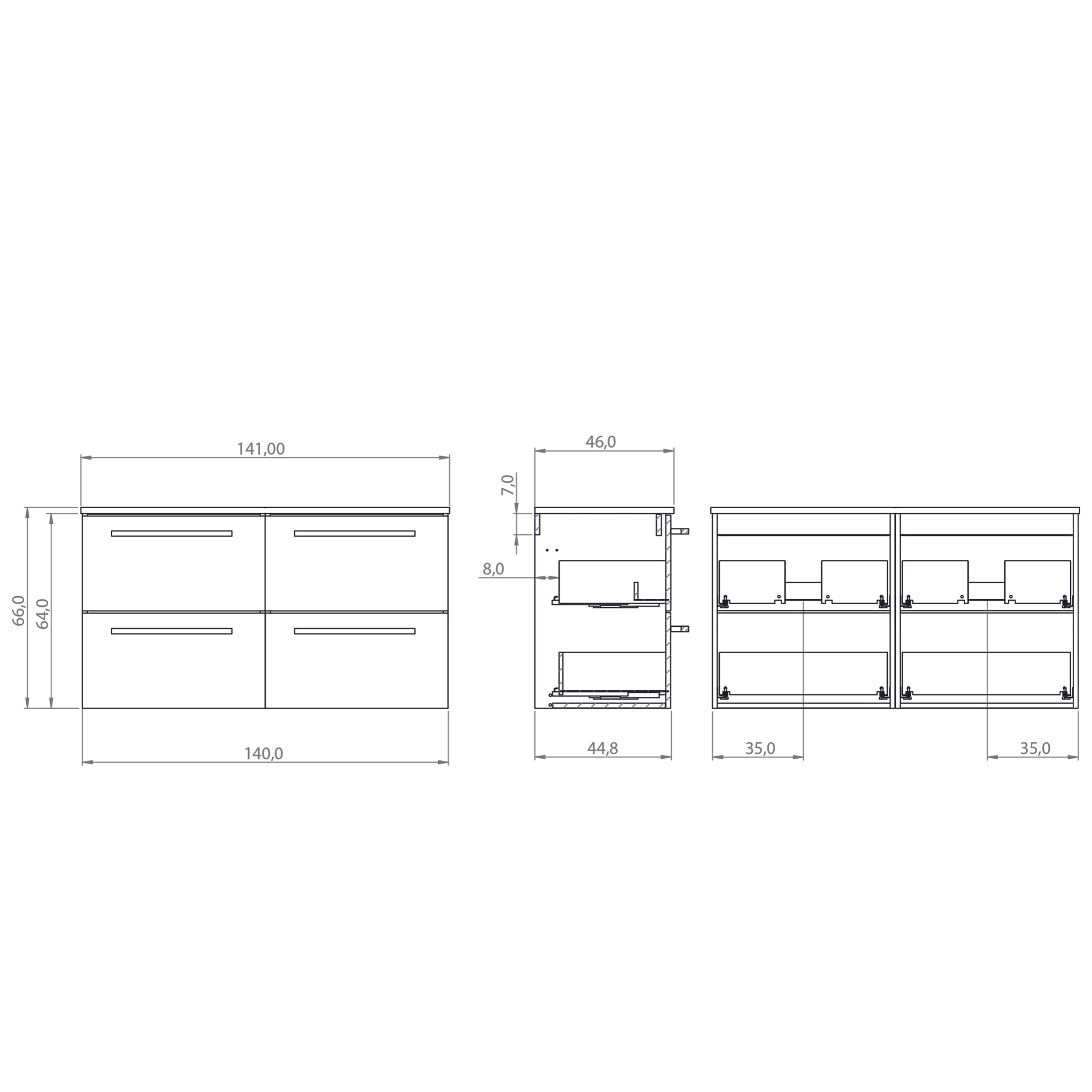 Ensemble Salle de Bain Vex | 140 cm Gris | 4 Tiroirs | Lavabo Encastré | N'inclut pas Miroir | Meuble Monté | Alday