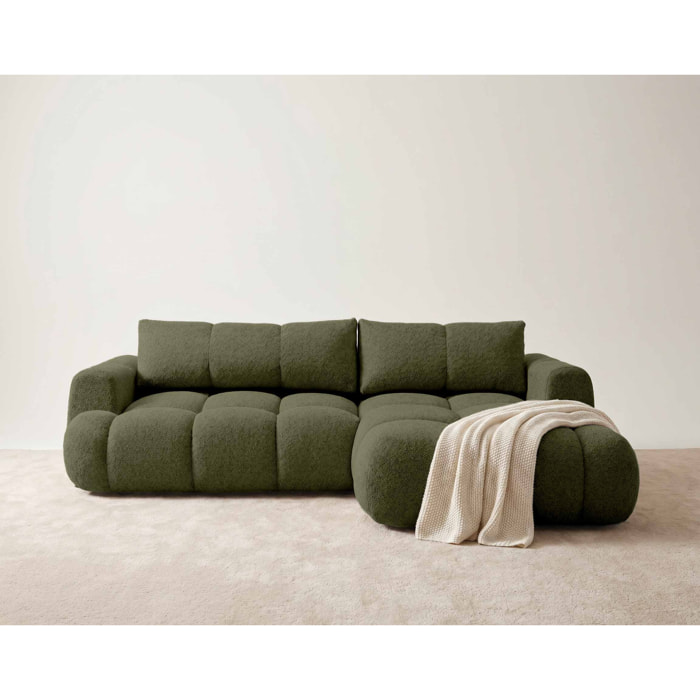 Yulin - Canapé d'angle droit 4 places convertible avec coffre en tissu bouclette - Vert